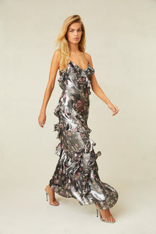 Metallic, floral-printed maxi dress. 