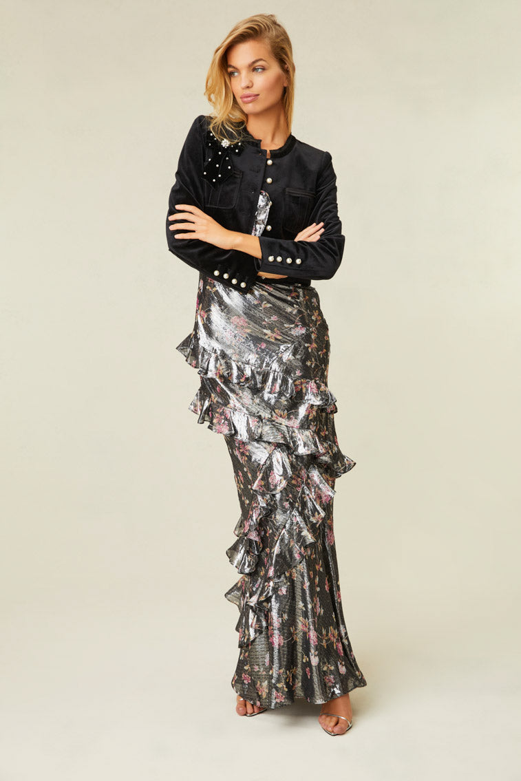 Metallic, floral-printed maxi dress.