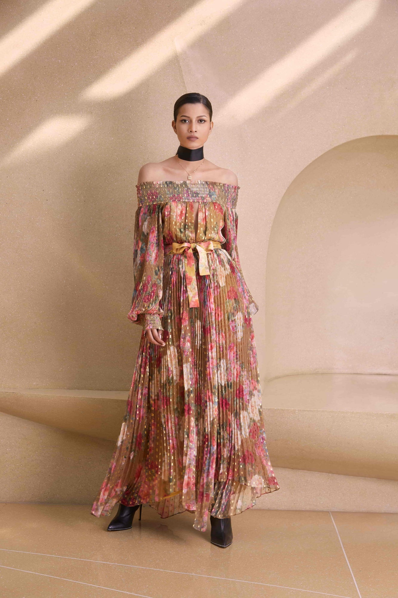 Rococo Sand | Avar Tie-Up Belt Long Dress | Ochre Multi