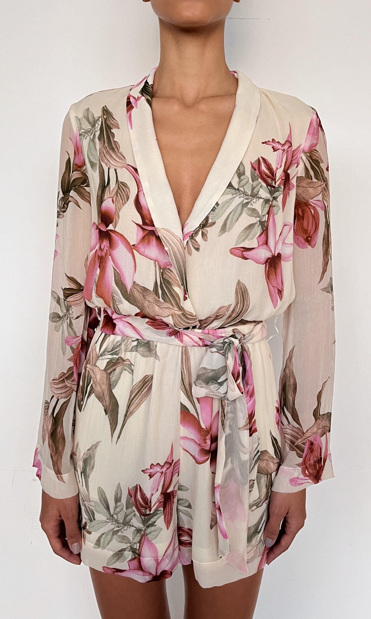 Womens | Cai Viscose Crinkle Chiffon Romper | Cream Pink Multi