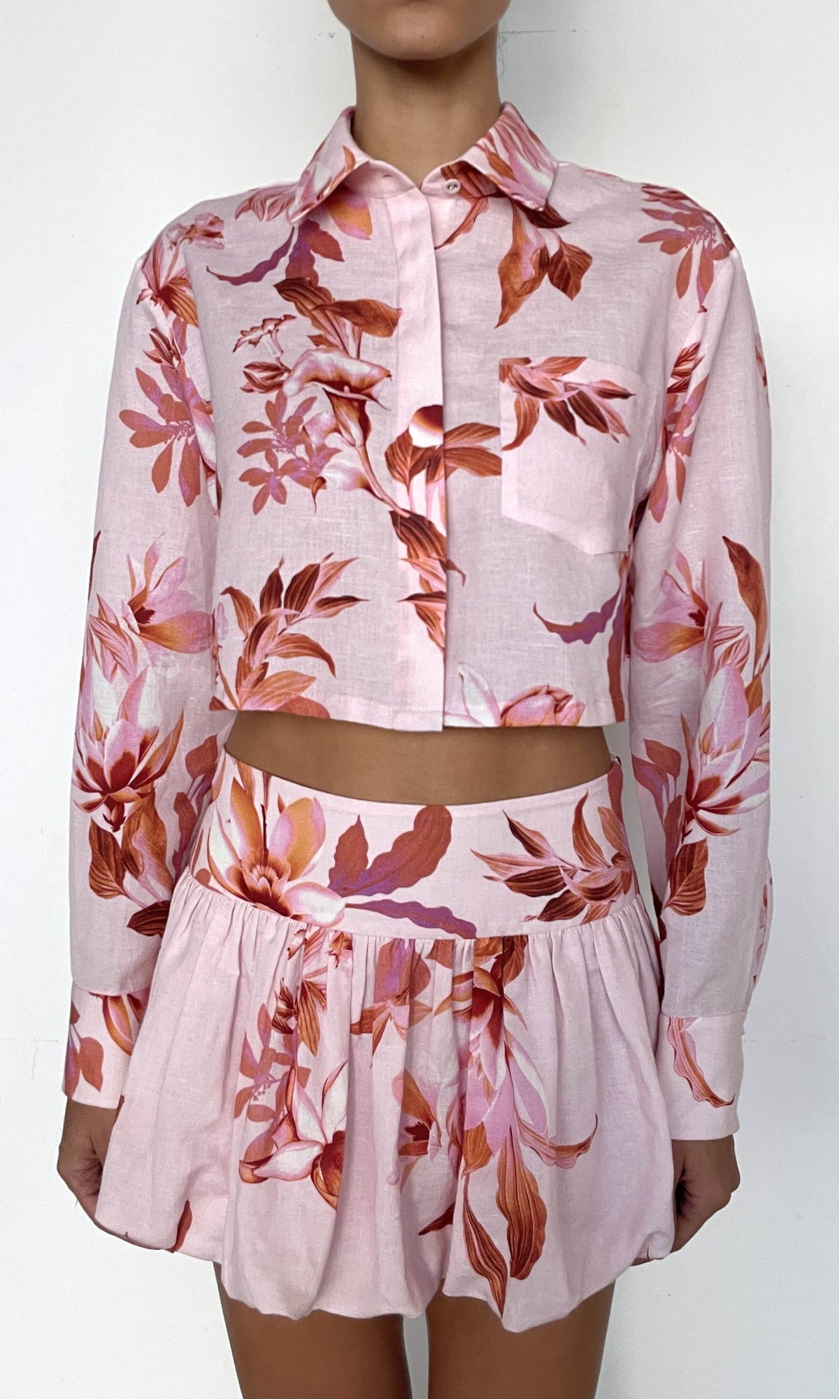 Womens | Cai Thin Linen Cotton Crop Shirt | Pink Brown