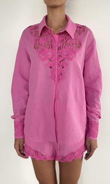 Rococo Sand | Eli Thin Linen Cotton Embroidered Over Sized Shirt | Khaite Pink