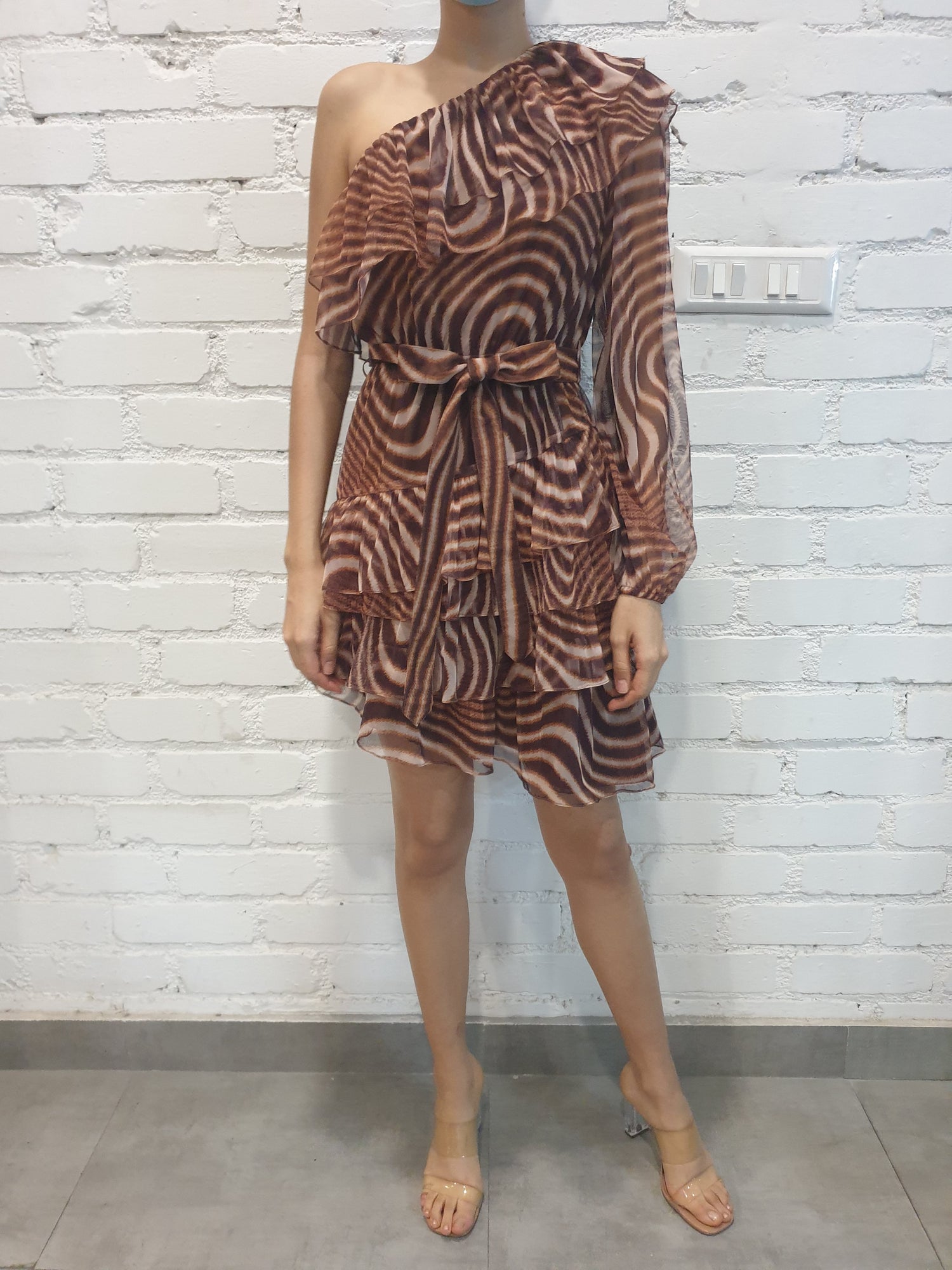 Rococo Sand | Fauve One-Shoulder Short Dress | Brown