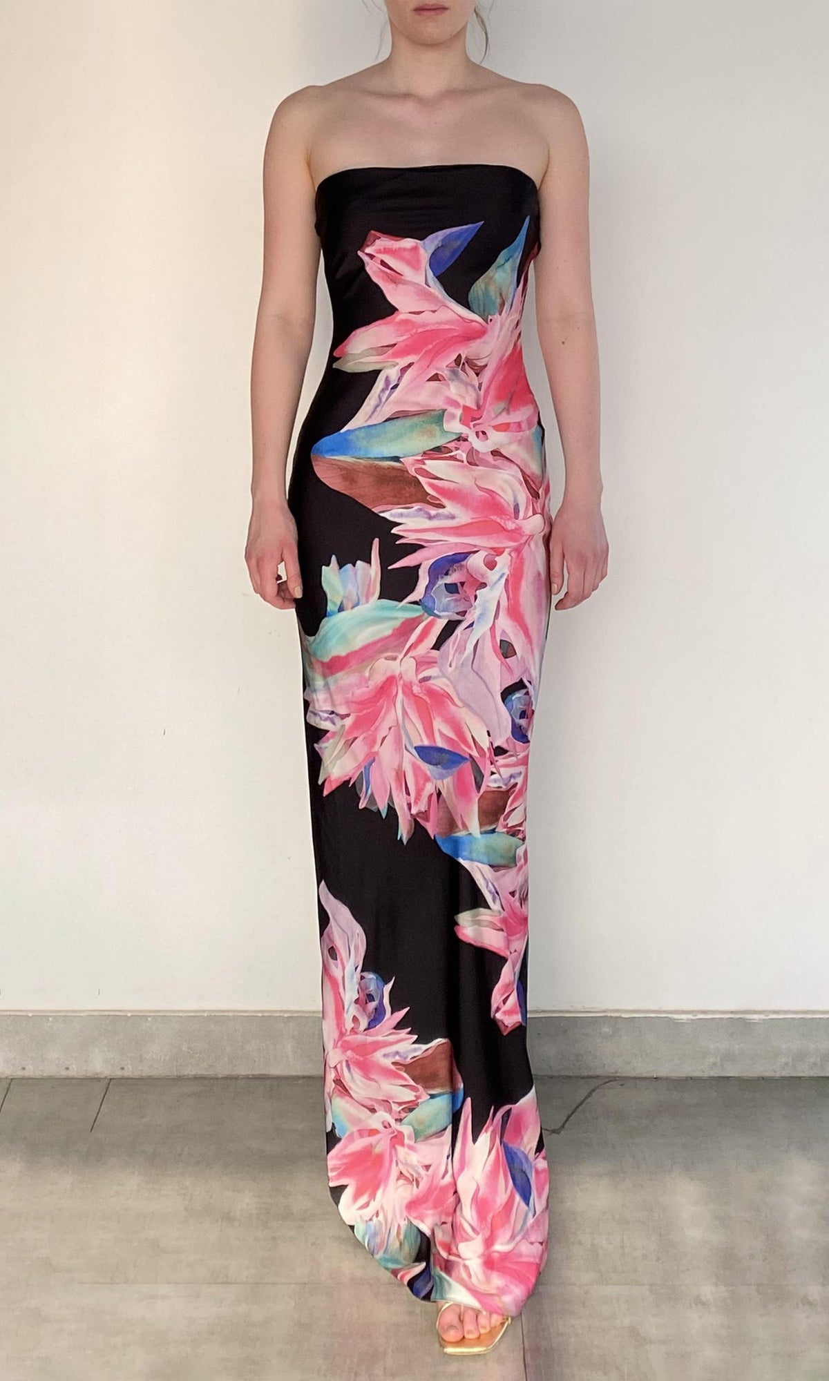 Rococo Sand | Hope Polyester Satin Lycra Strapless Maxi Dress | Black Multi