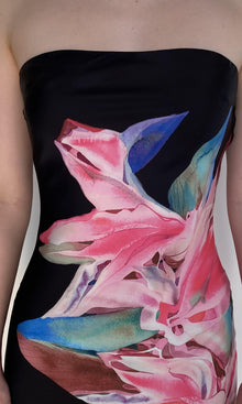 Rococo Sand | Hope Polyester Satin Lycra Strapless Maxi Dress | Black Multi