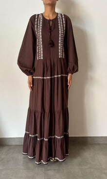 Rococo Sand | Inv Cotton Double Gauze Long Sleeve Tiered Maxi Dress | Brown