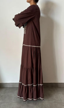 Rococo Sand | Inv Cotton Double Gauze Long Sleeve Tiered Maxi Dress | Brown