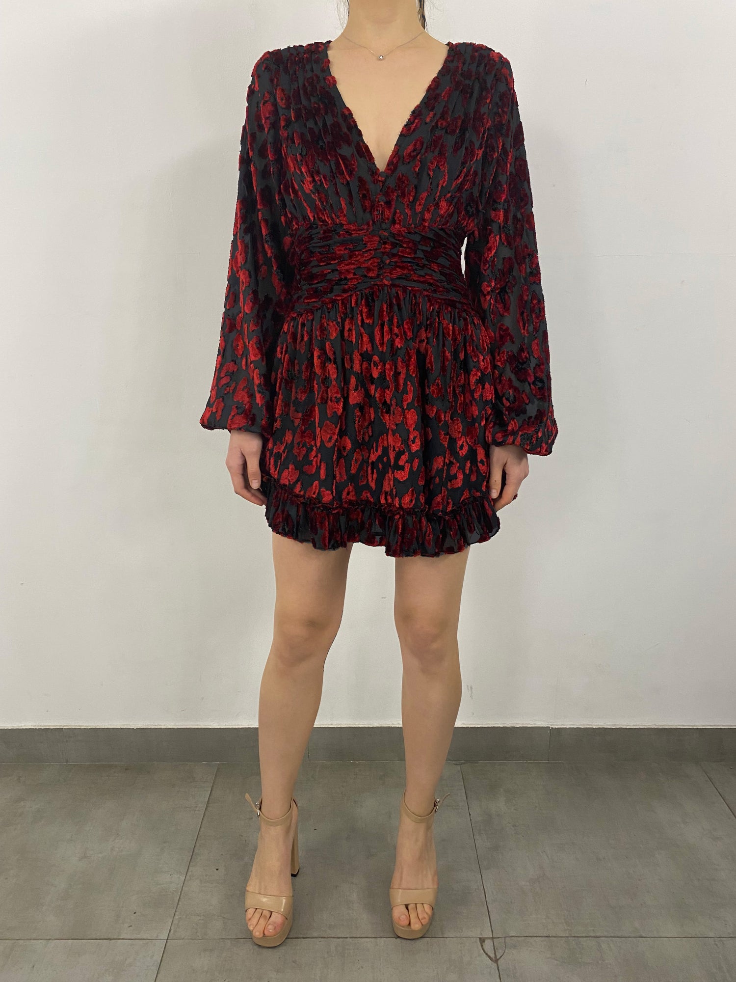 Rococo Sand | Haven Cinched Smocked Waist Short Dress | Red
