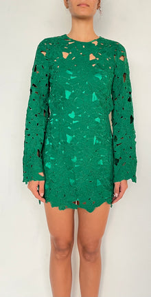 Rococo Sand | Closed-Neck Long-Sleeve Lace Short Dress | Green