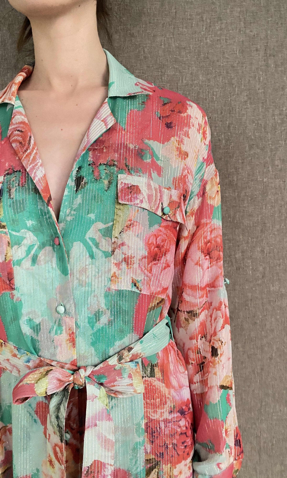 Rococo Sand | Ivy Gold And Silver Thin Stripe Lurex Georgette Long Dress With Slip And Tie Up Belt | Mint Green/Coral