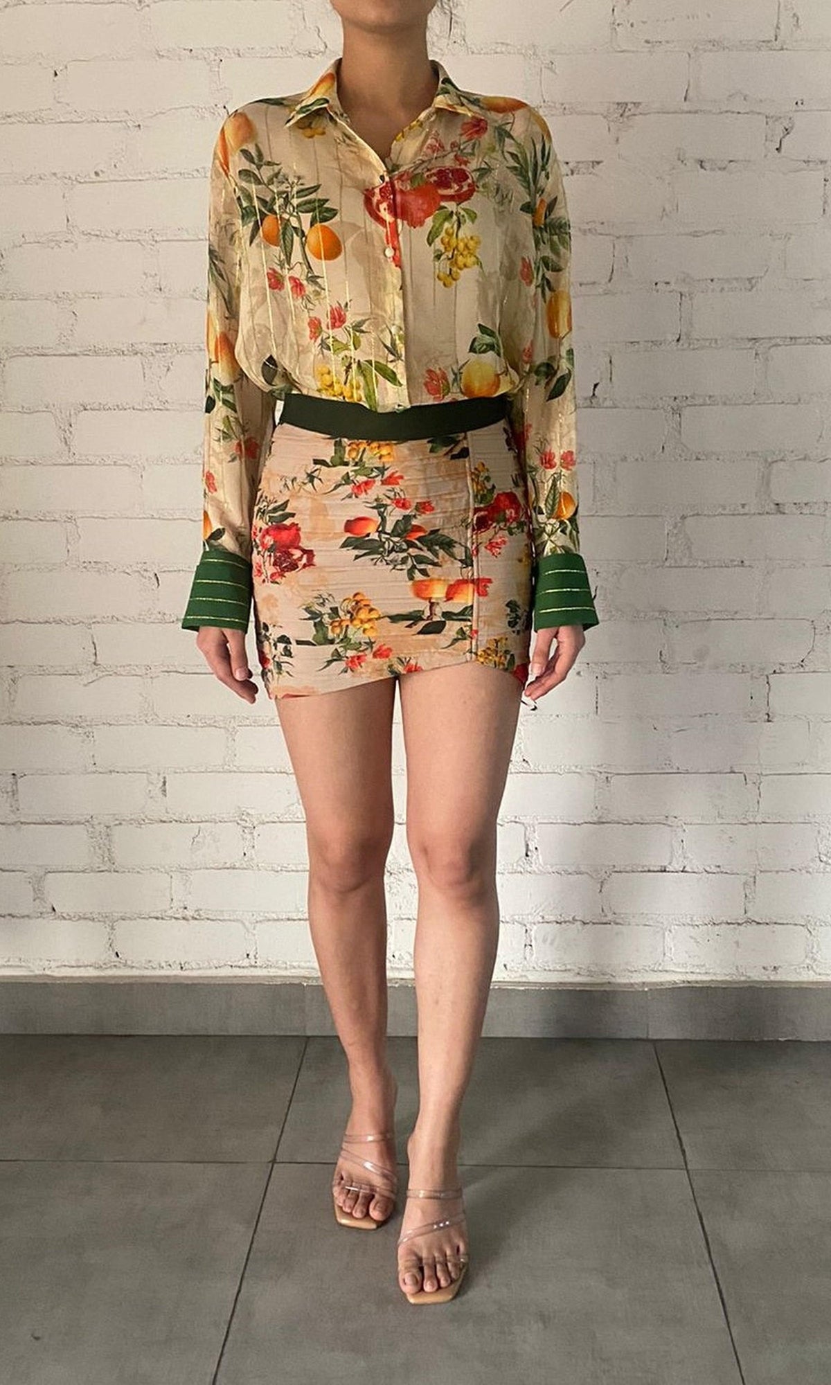 Rococo Sand | Katy Viscose Georgette Thick Stripe Lurex Shirt | Beige/Green Floral