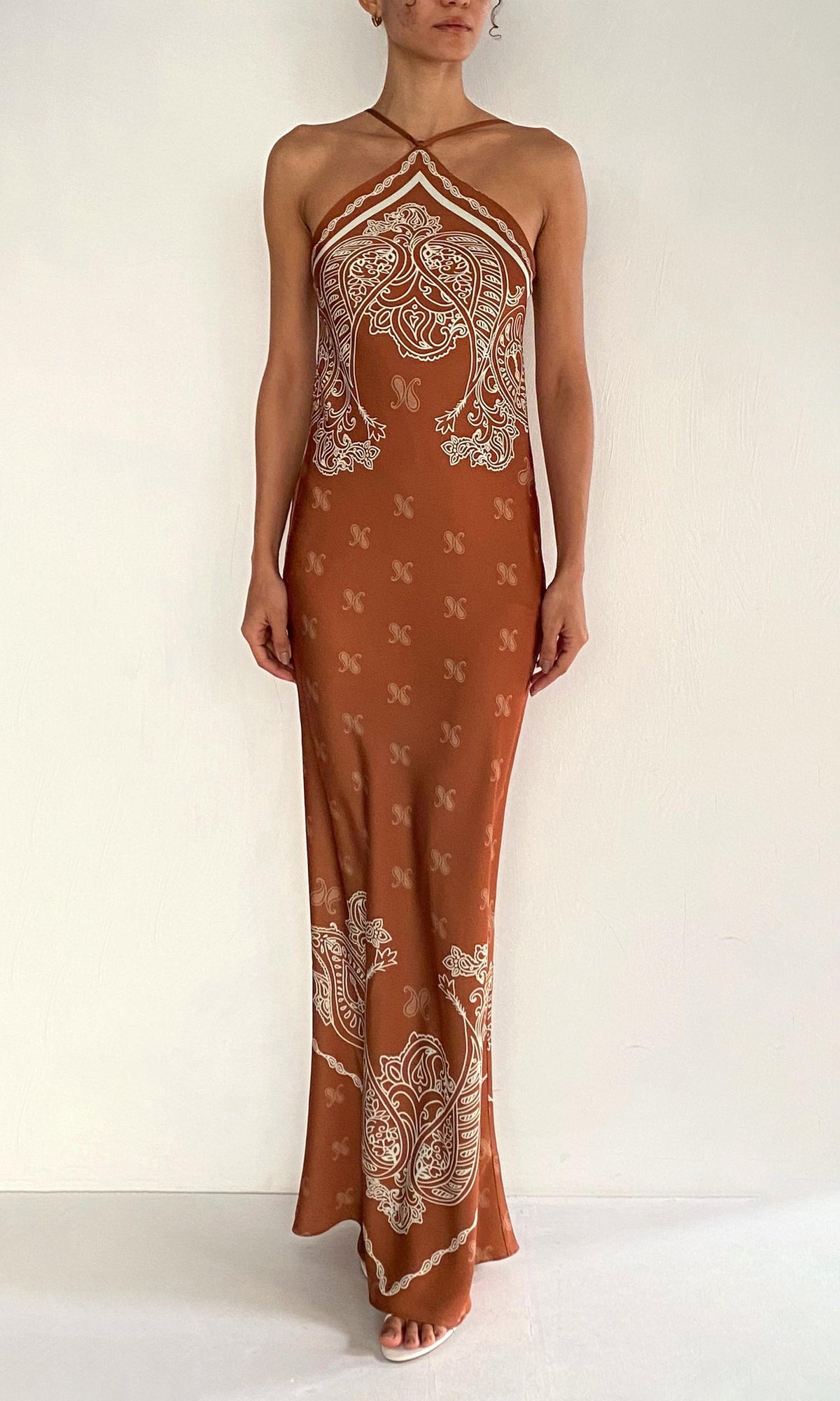 Womens | Kira Polyester Double Satin Bias Halter Maxi Dress | Brown