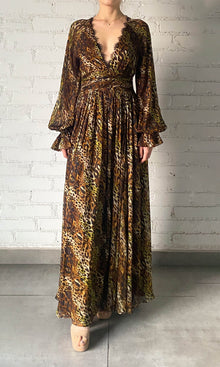 Rococo Sand | Kye Viscose Flat Chiffon Long Sleeve High Low Maxi Dress | Black Brown Multi