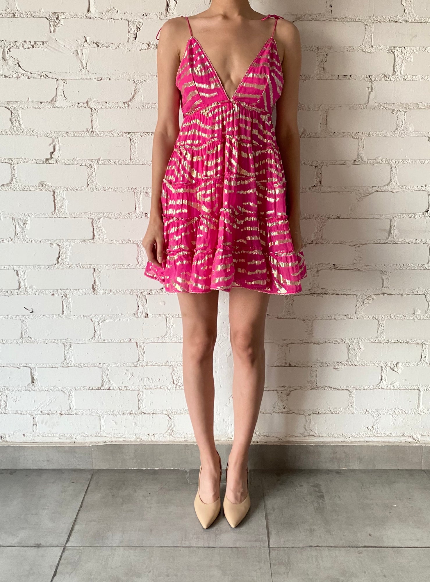 Rococo Sand | Lara V-Neck Spaghetti Strap Mini Dress | Fuchsia