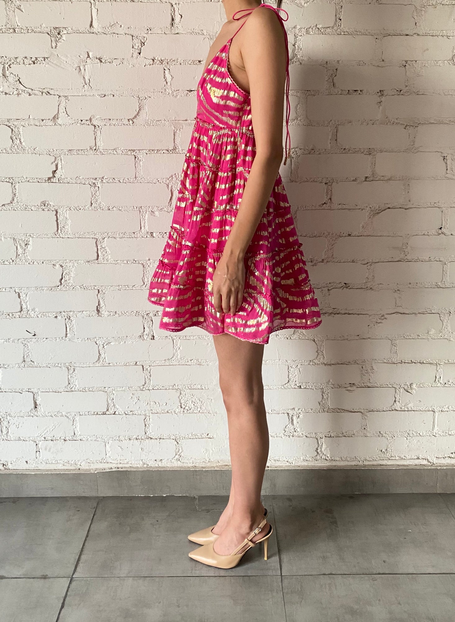 Rococo Sand | Lara V-Neck Spaghetti Strap Mini Dress | Fuchsia