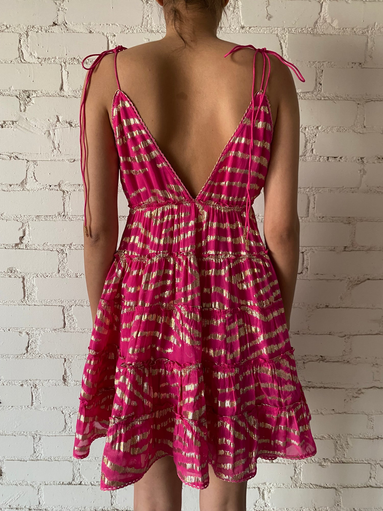 Rococo Sand | Lara V-Neck Spaghetti Strap Mini Dress | Fuchsia