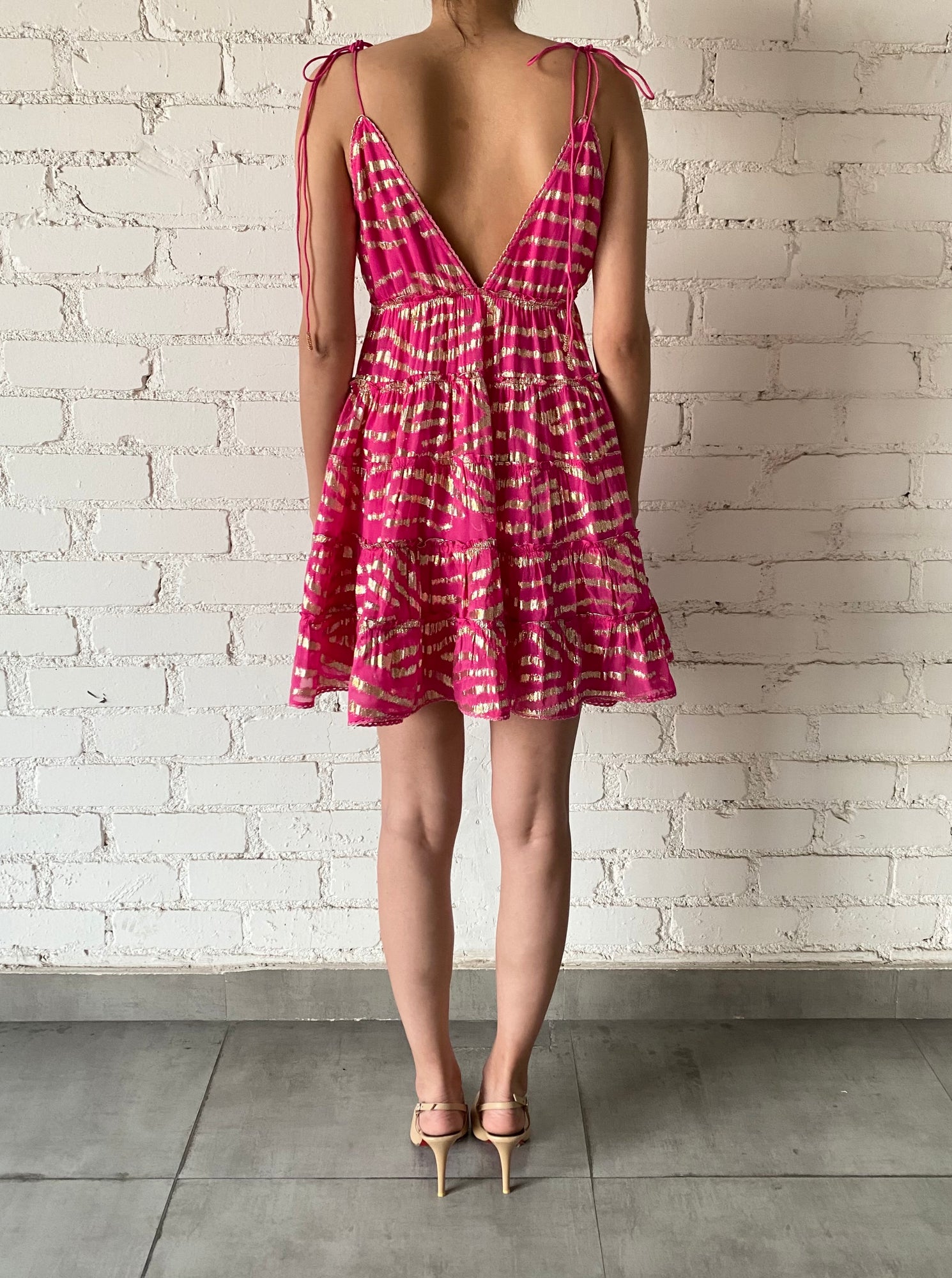 Rococo Sand | Lara V-Neck Spaghetti Strap Mini Dress | Fuchsia