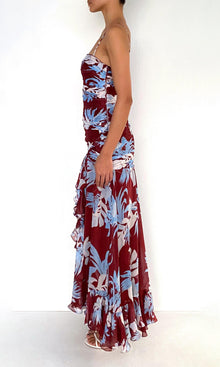 Rococo Sand | Lia Viscose Flat Chiffon High Low Ruched Maxi Dress | Burgundy Blue