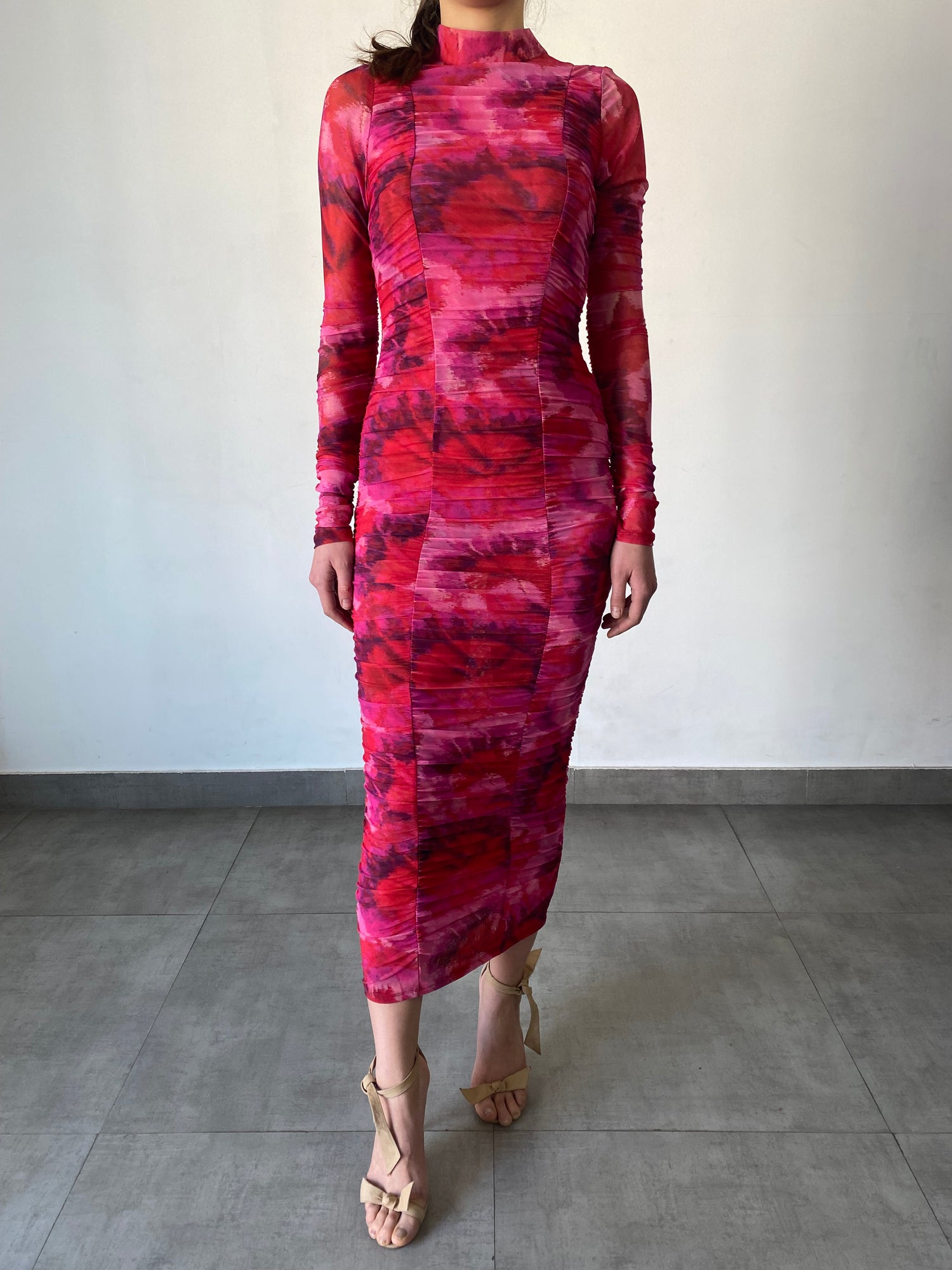 Rococo Sand | Mabel Crew-Neck Fitted Long-Sleeve Long Dress | Pink