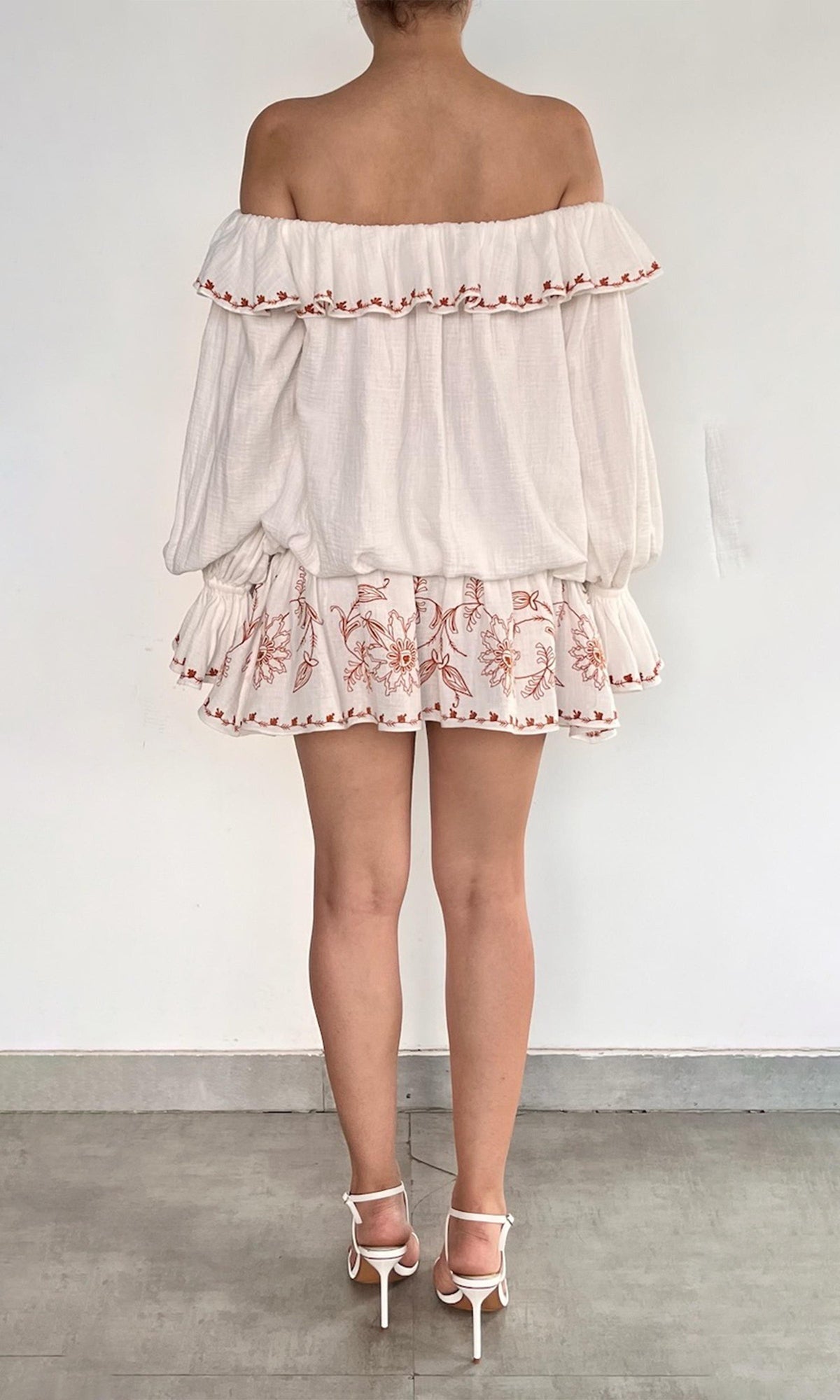 Rococo Sand | Myril Cotton Double Cloth Gauze Embroidered Off Shoulder Mini Dress | White Terracotta