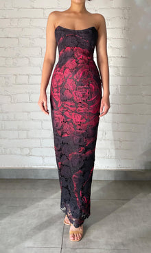 Rococo Sand | Naia Polyester Chemical Lace Maxi Lace Dress | Black Red