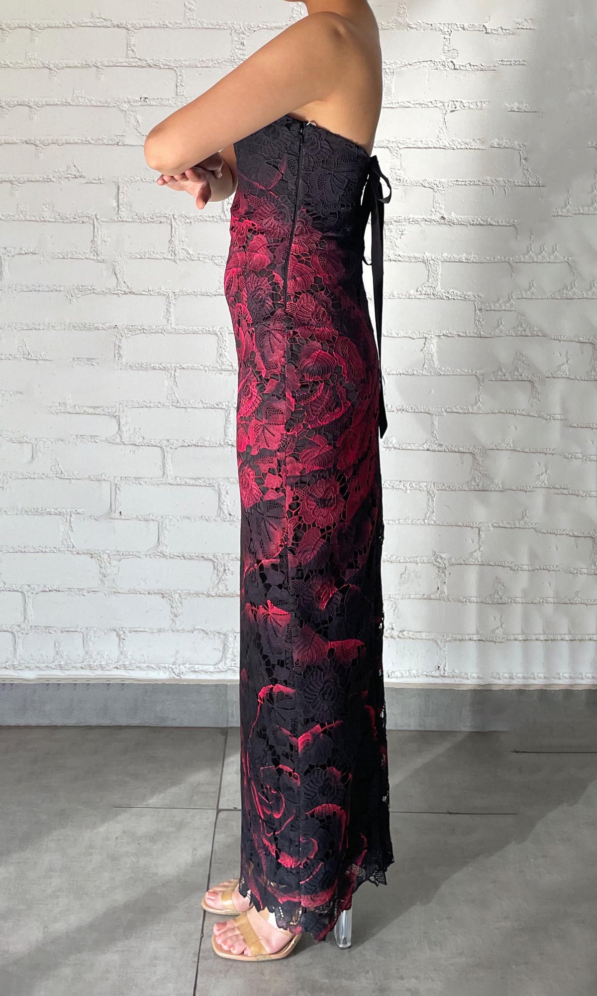 Rococo Sand | Naia Polyester Chemical Lace Maxi Lace Dress | Black Red