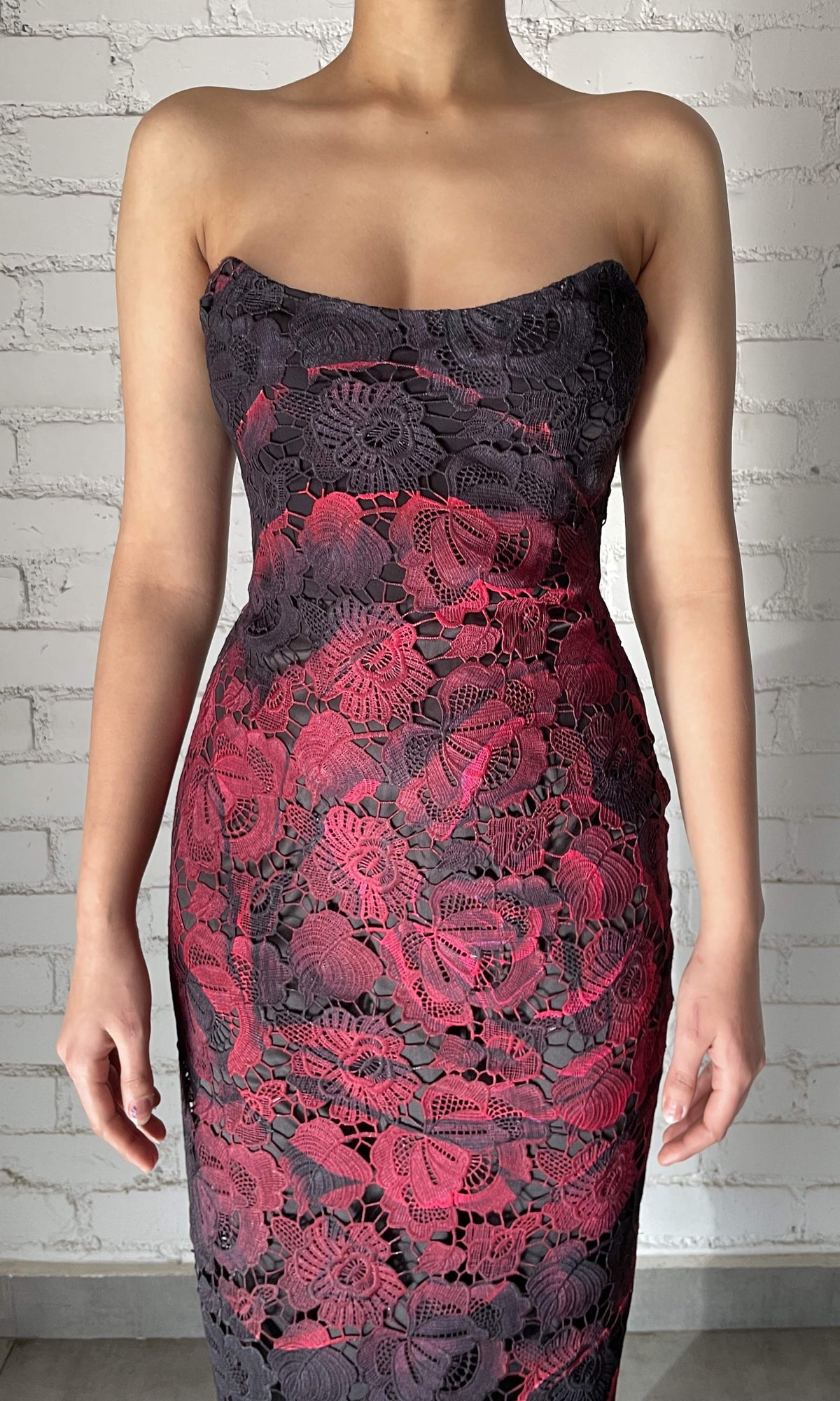 Rococo Sand | Naia Polyester Chemical Lace Maxi Lace Dress | Black Red