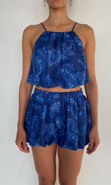 Rococo Sand | Navy Linen Cotton Square Neck Bubble Top | Navy Blue
