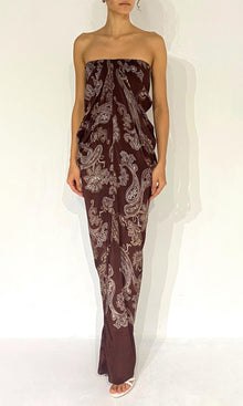 Rococo Sand | Orla Viscose Natural Crepe Off Shoulder Maxi Dress | Brown Beige