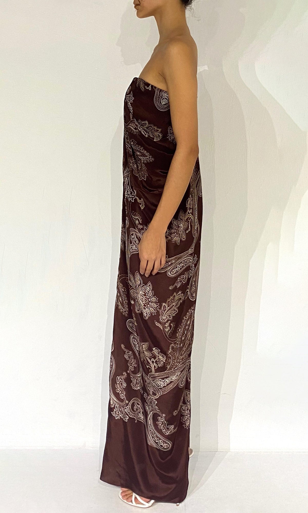 Rococo Sand | Orla Viscose Natural Crepe Off Shoulder Maxi Dress | Brown Beige