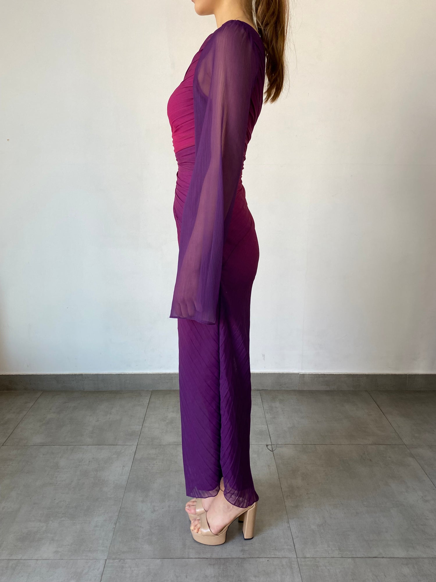 Rococo Sand | Paige One-Sleeve Long Dress | Pink/Purple Ombre