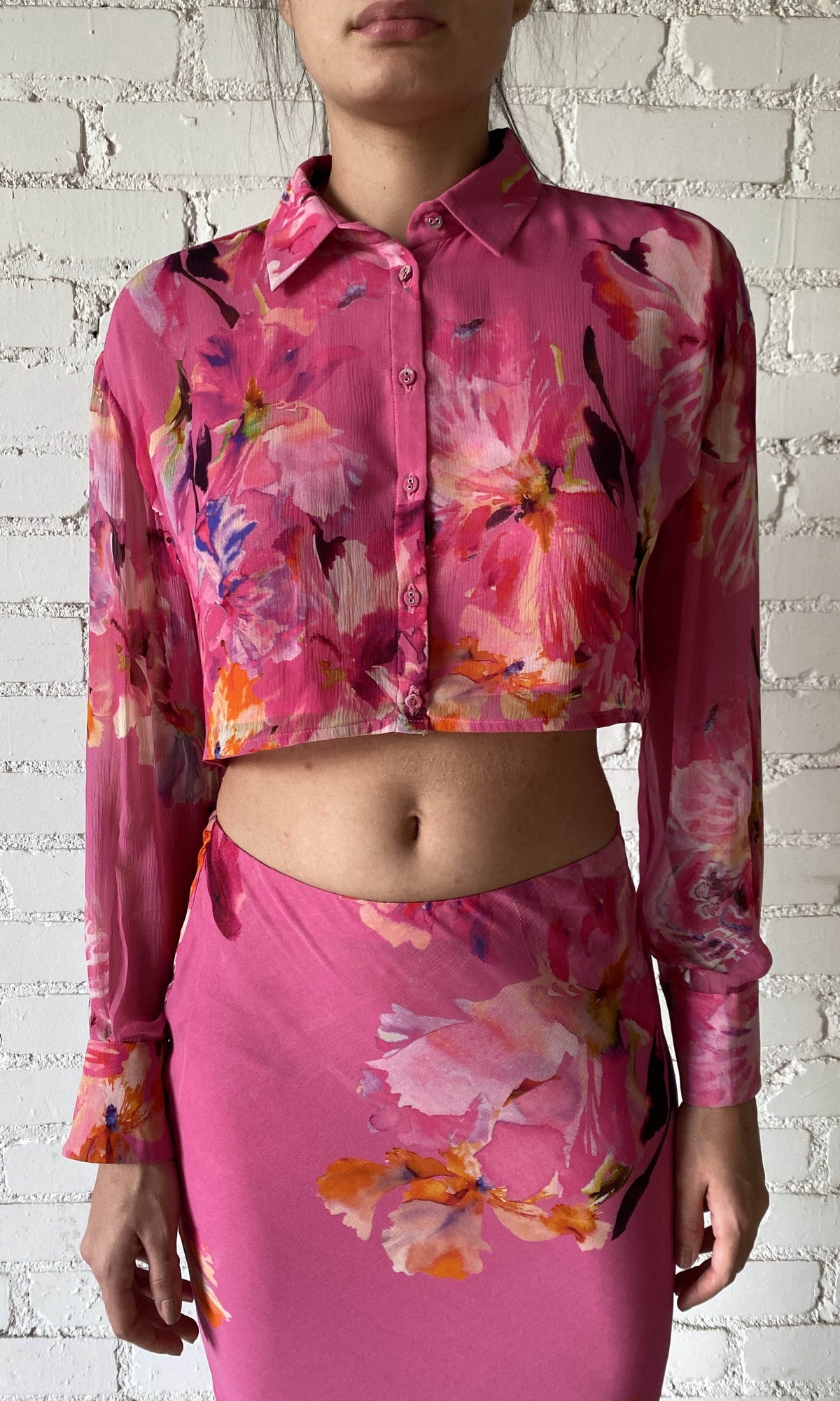 Rococo Sand | Quin Viscose Chiffon Crop Shirt | Pink