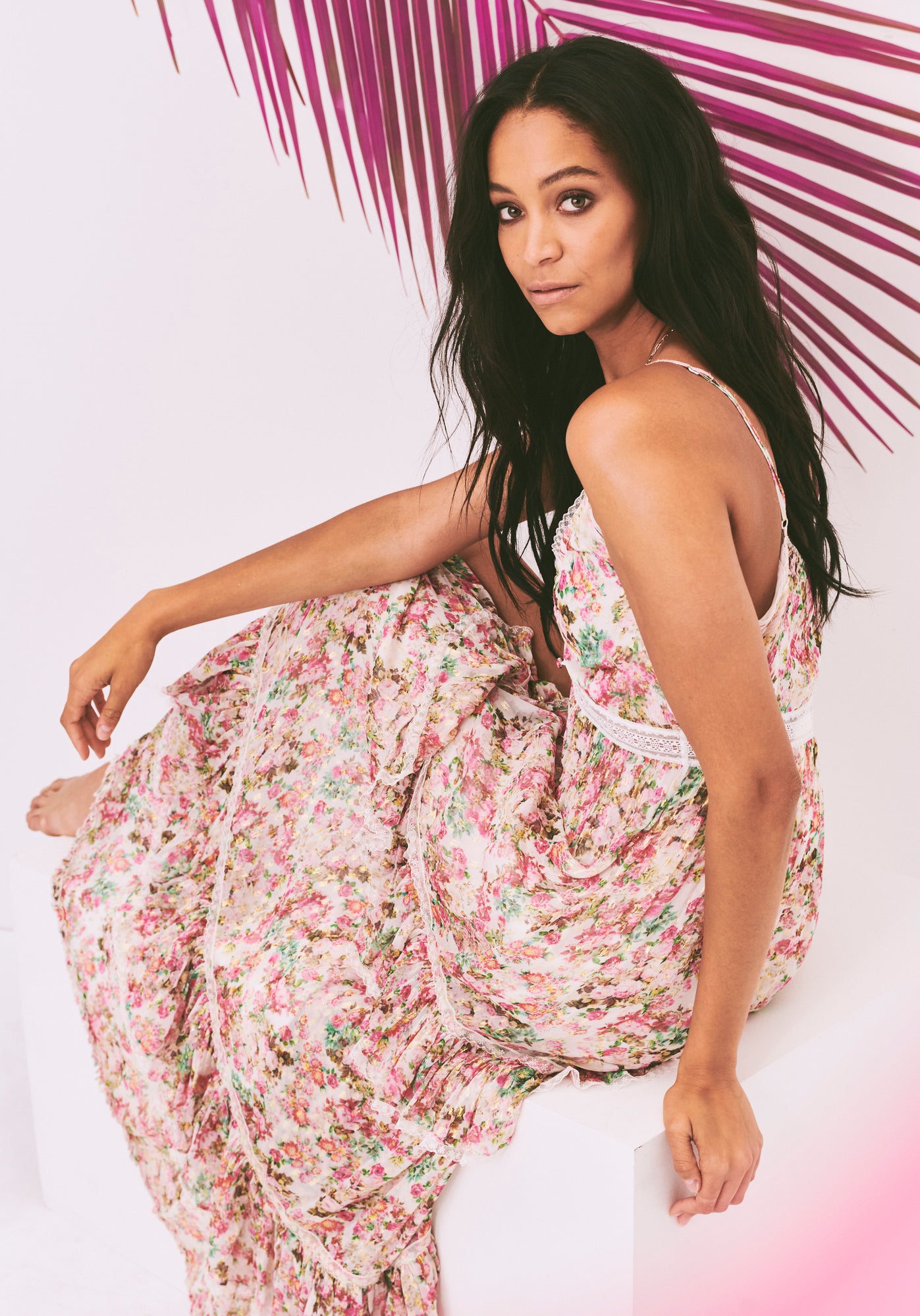 Rococo Sand | Vie Floral Long Dress | Off-White/Pink
