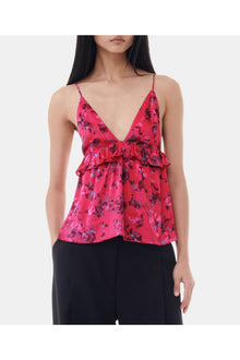 Red Floral Printed Satin Strap Top | Raspberry Wine
