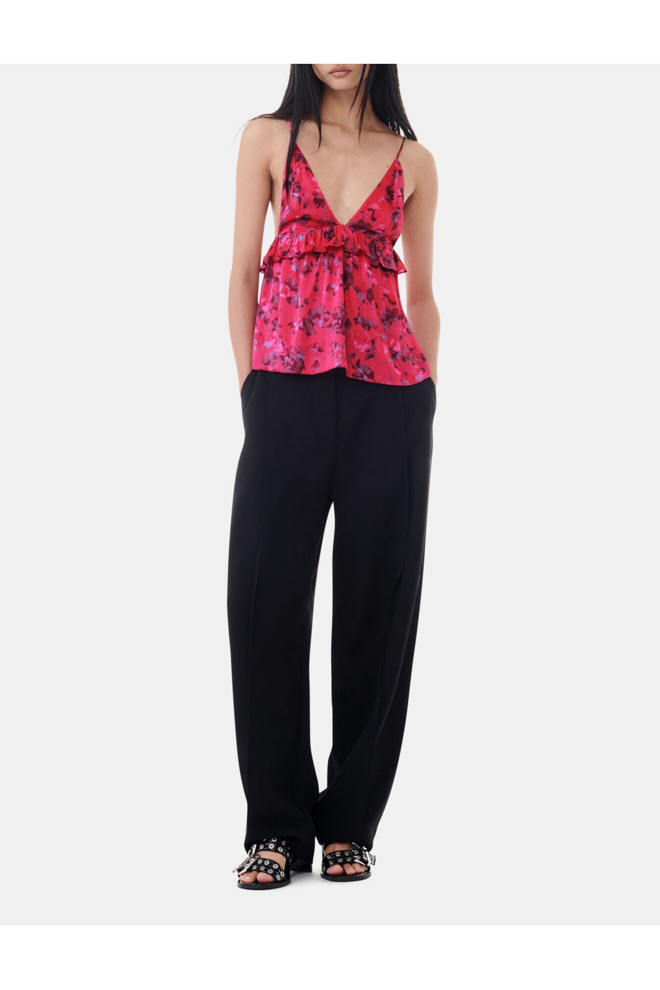 Red Floral Printed Satin Strap Top | Raspberry Wine