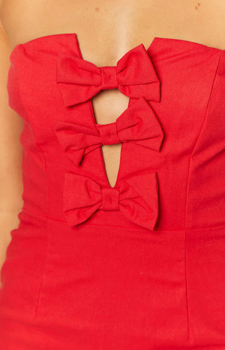 Ribbon Radiance Strapless Mini Dress | Red