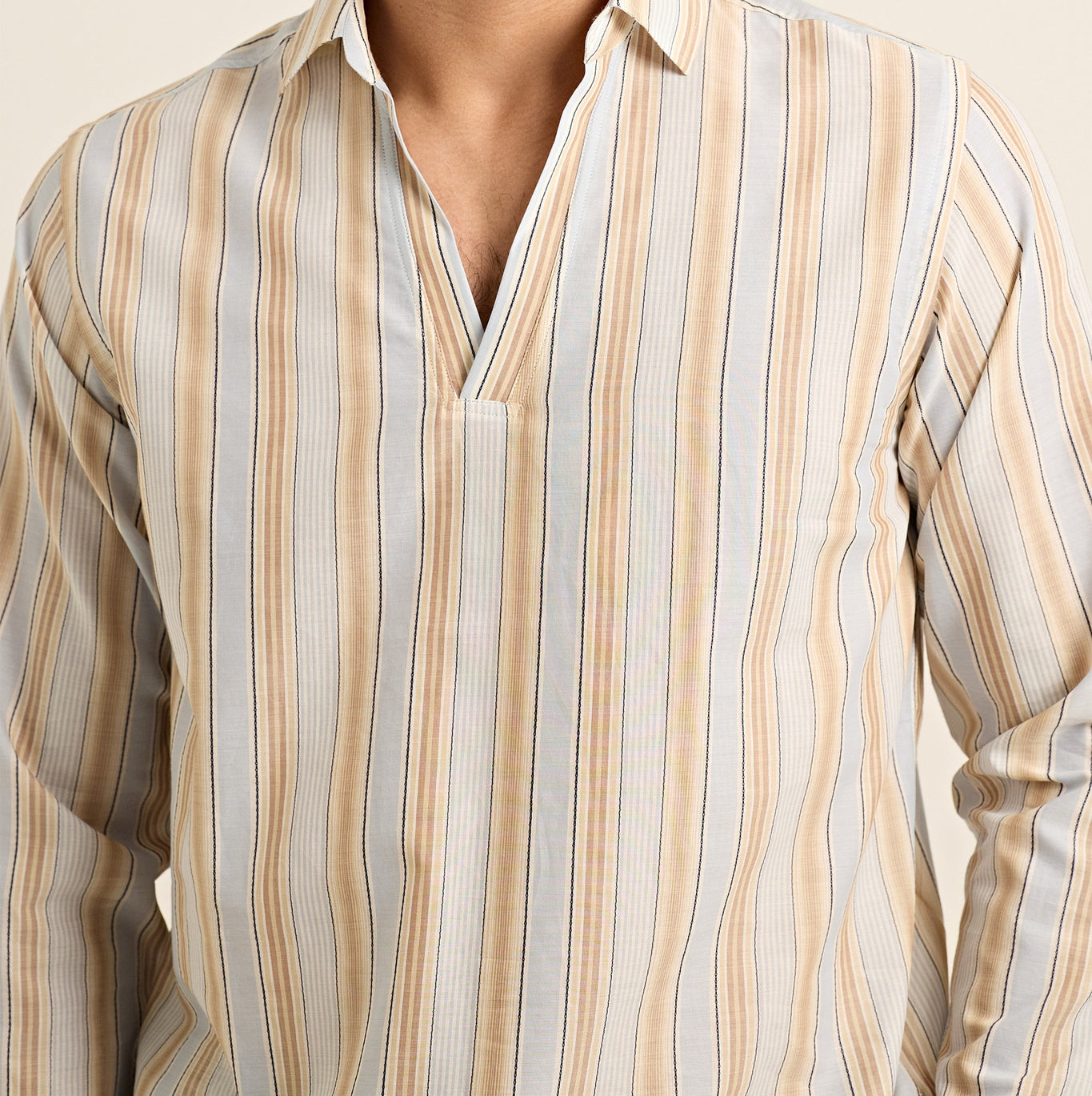 Ridley Relaxed Fit Open Resort Placket Soft Stripe Cotton Shirt | Blue/Biscuit Stripe