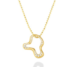 14k recycled gold Demi Pavé Ripple Charm. Hanging from a diamond cut bead necklace on a white background