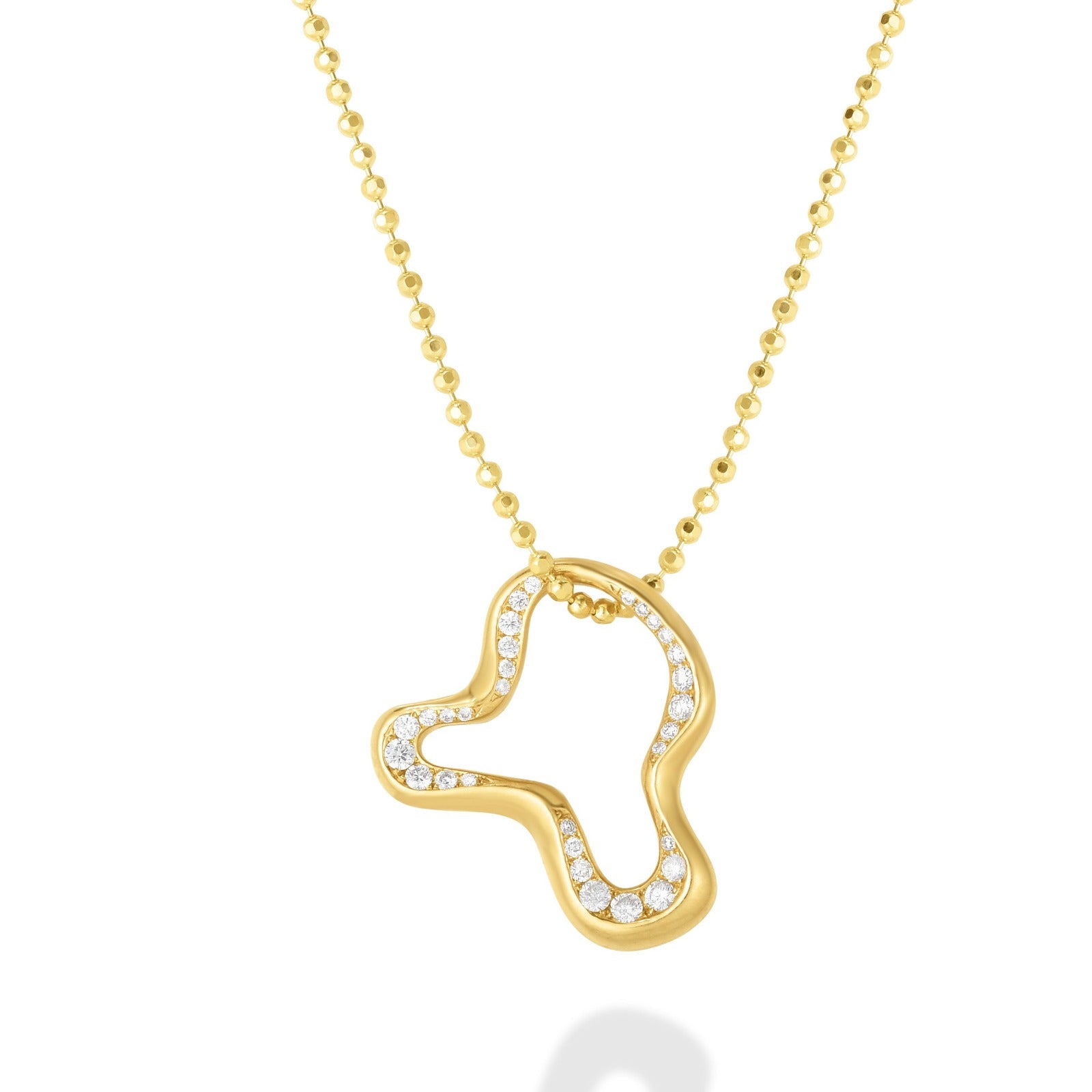14k recycled gold Demi Pavé Ripple Charm. Hanging from a diamond cut bead necklace on a white background