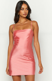 Close-up front view of a pink satin mini dress with a square neckline and thin spaghetti straps