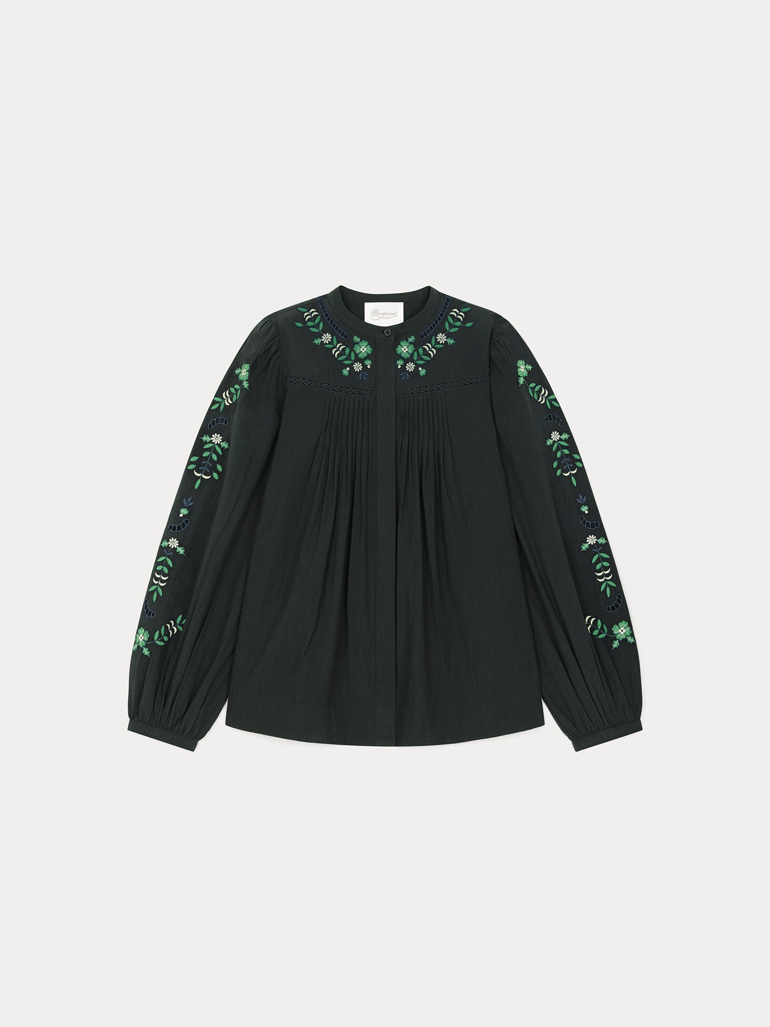 Women | Cotton Blouse With Green And Gray Flower Embroirdery | Blue