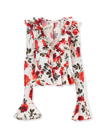 Long Sleeve V-Neck Ruched Ruffle Top | White Multi