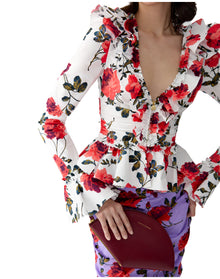Long Sleeve V-Neck Ruched Ruffle Top | White Multi