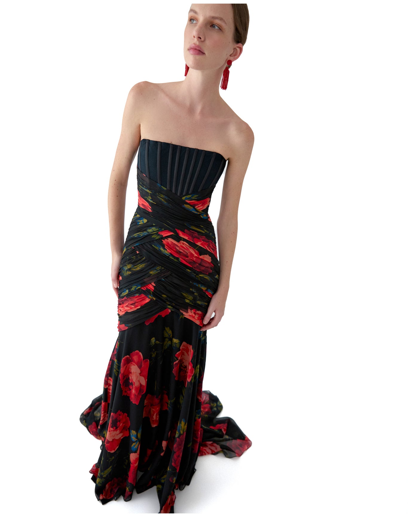 Strapless Exposed Bustier Gown With Ruching | Black Multi