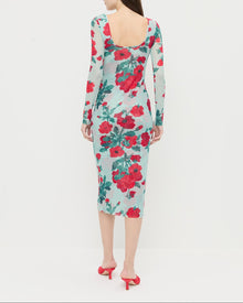 Samara Dress in mint floral mesh fabric and Inez Red Satin Mid-Heel Mule.