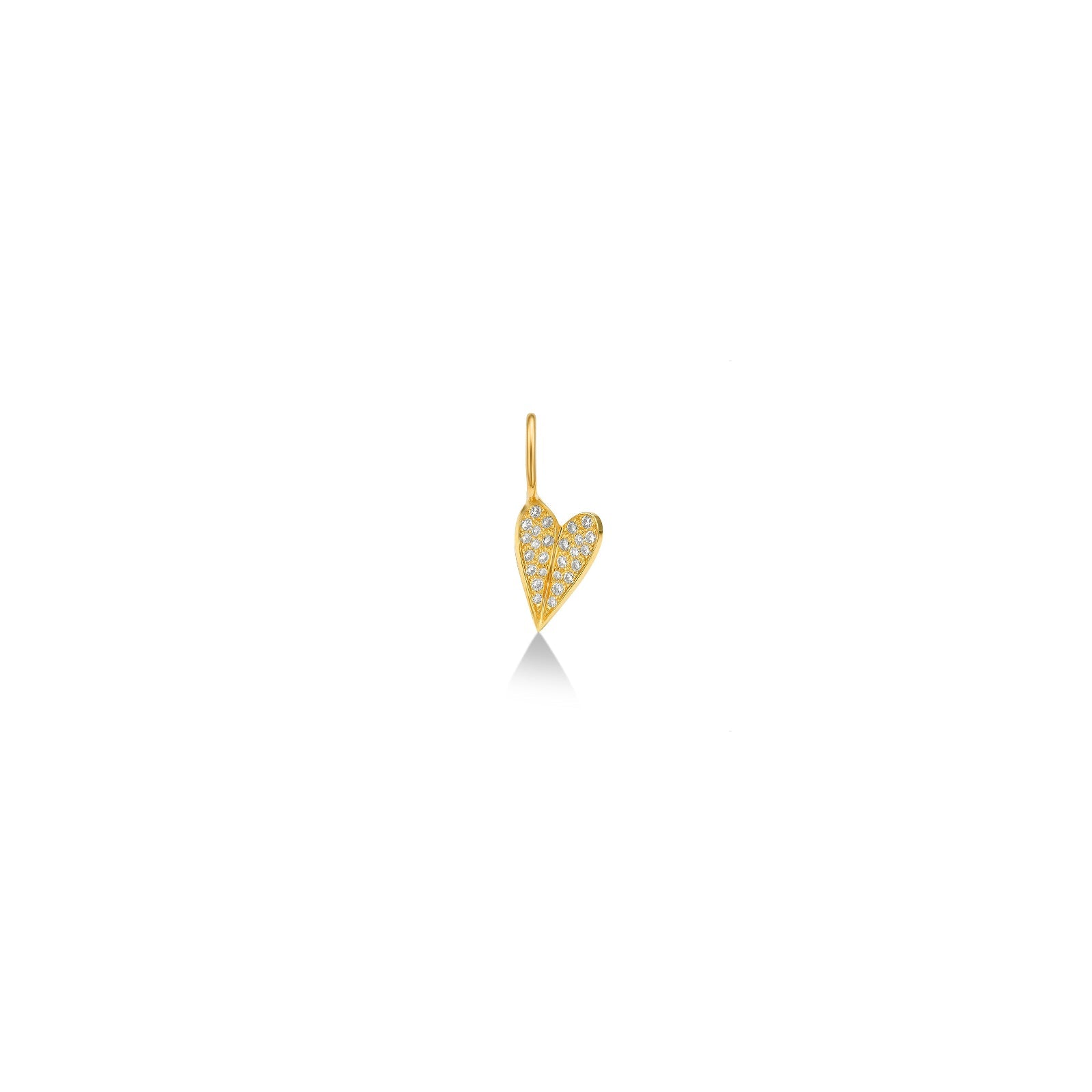 14K Small Folded Heart Charm with Diamond Pavé on both folded ends. On a white background