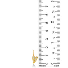 14K Small Folded Heart Charm with Diamond Pavé on both folded ends. On a white background with ruler. Measuring 16mm tall