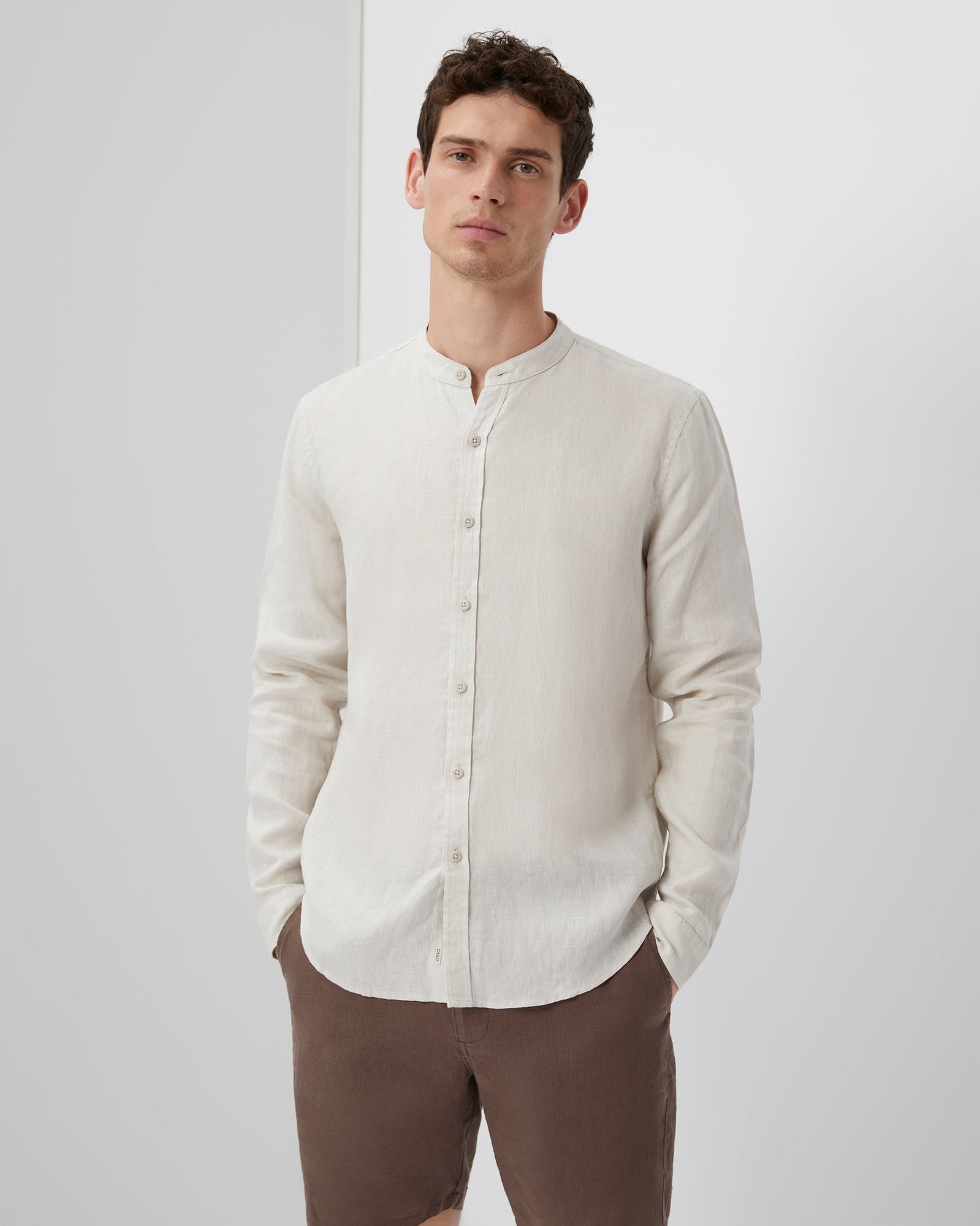 Mens | Mandarin Collar Linen Shirt | Stone