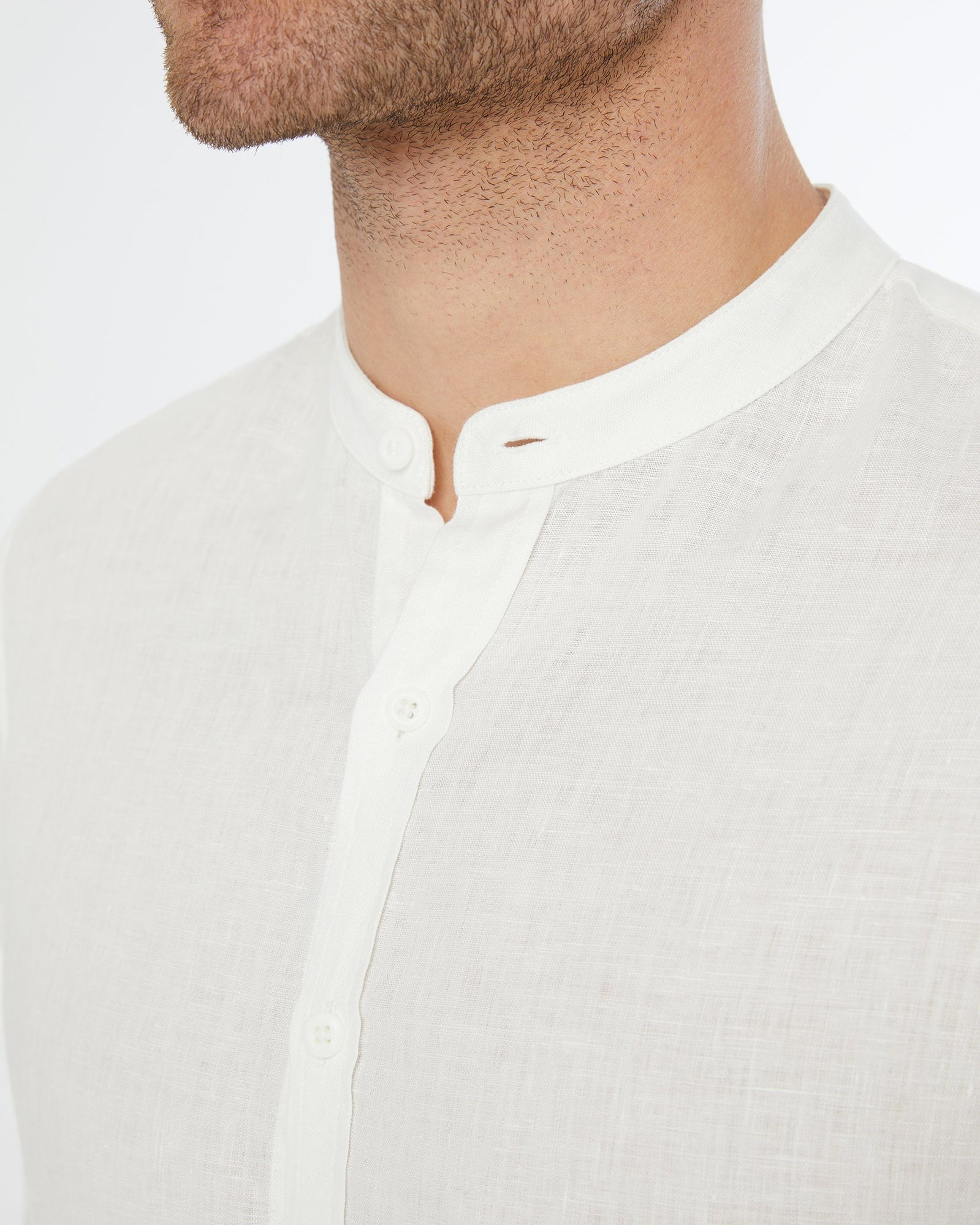 Mens | Mandarin Collar Linen Shirt | White