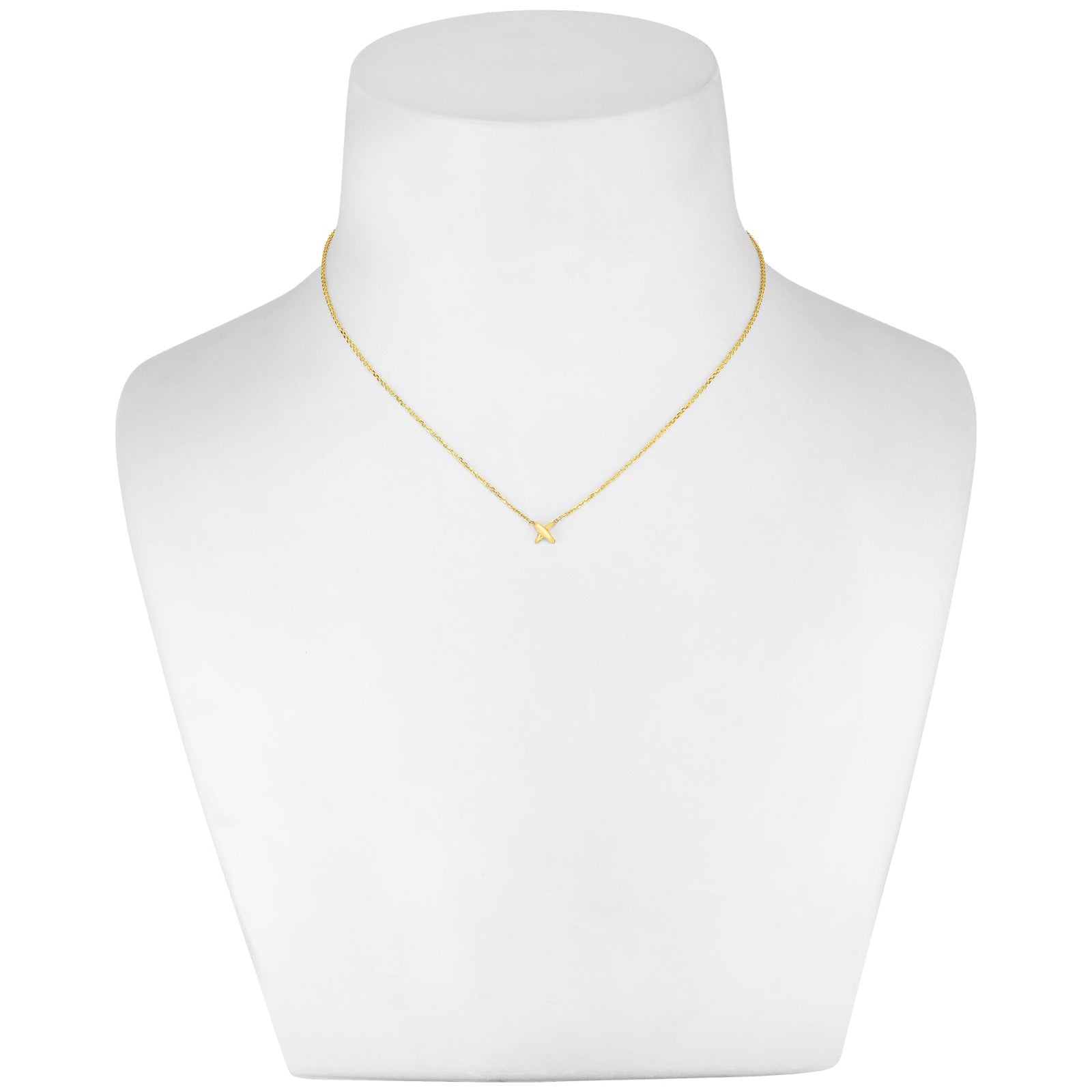 14k recycled gold Stitch Necklace with lobster clasp with extendable jump rings on a white bust
